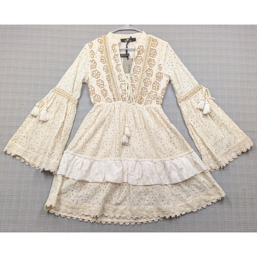 PAPA PIA Dress Womens Small White Embroidered Boho Bell Sleeve Tassel